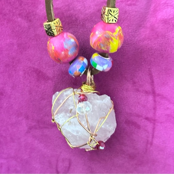 Pink Quartz Crystal Wire Wrapped Stone Pendant Necklace Handmade Leather Cord - Picture 3 of 12